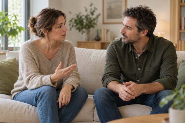 Un couple échange, assis sur un canapé