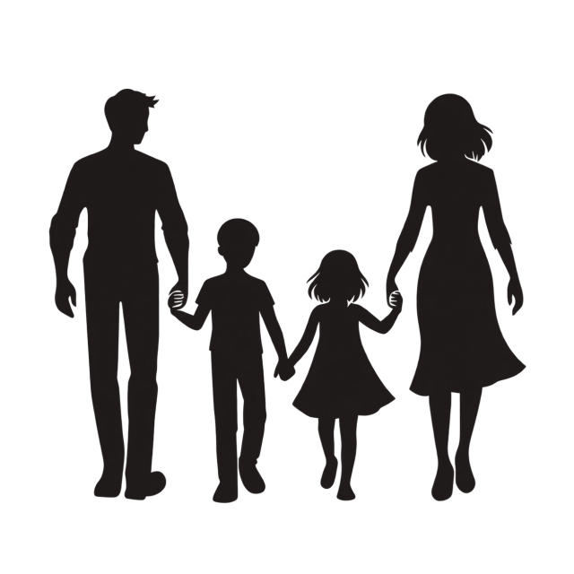 Silhouettes de parents et de leurs enfants se tenant par la main